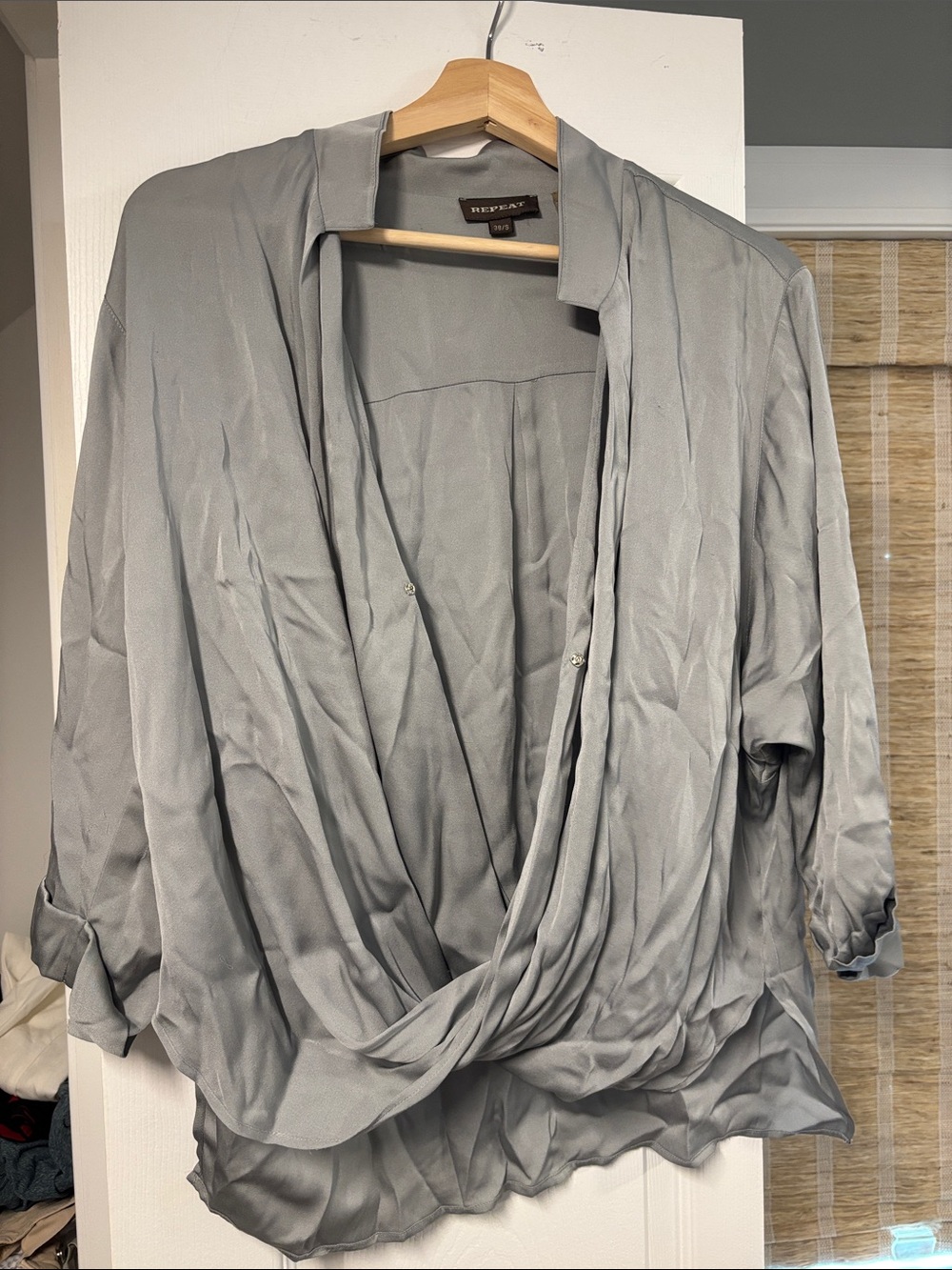 Repeat Draped Wrap-Front Blouse in Light Gray